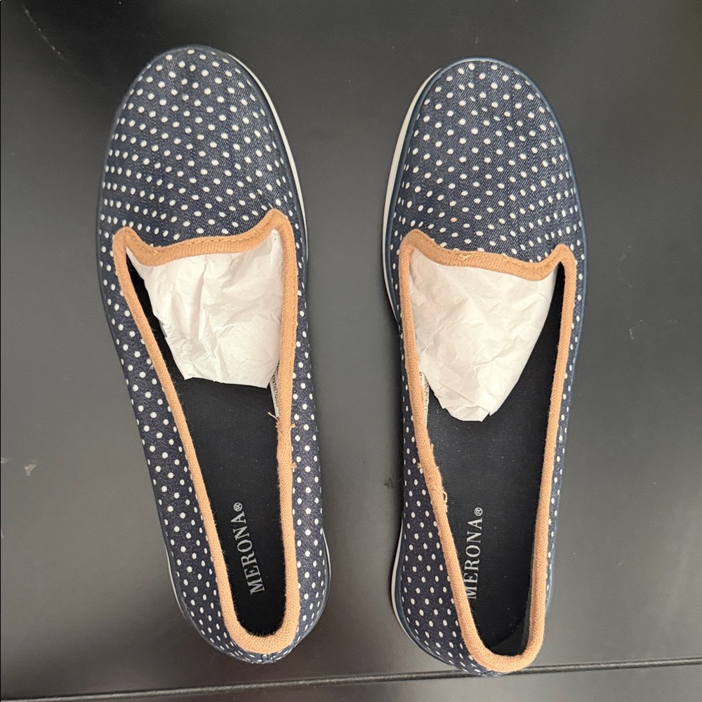 Merona Navy Polka Dot Flats with Tan Trim